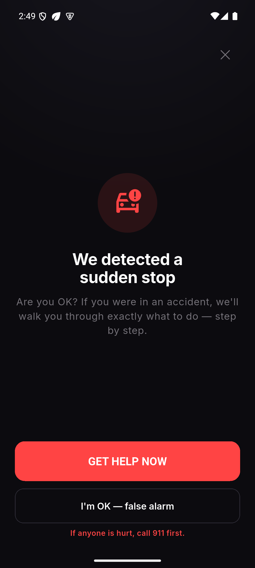 The app detects a sudden stop and offers immediate accident help