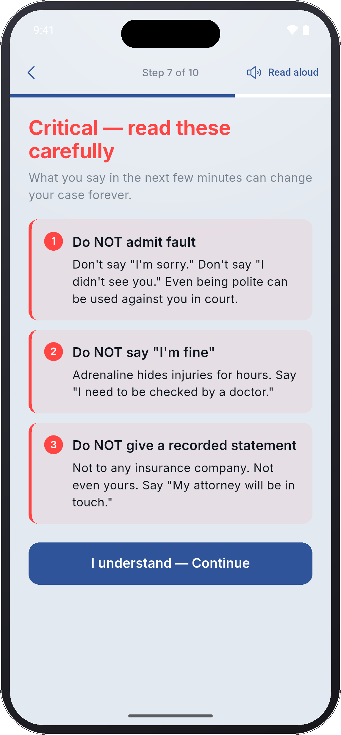 The firm's app warns the client not to admit fault or give a recorded statement