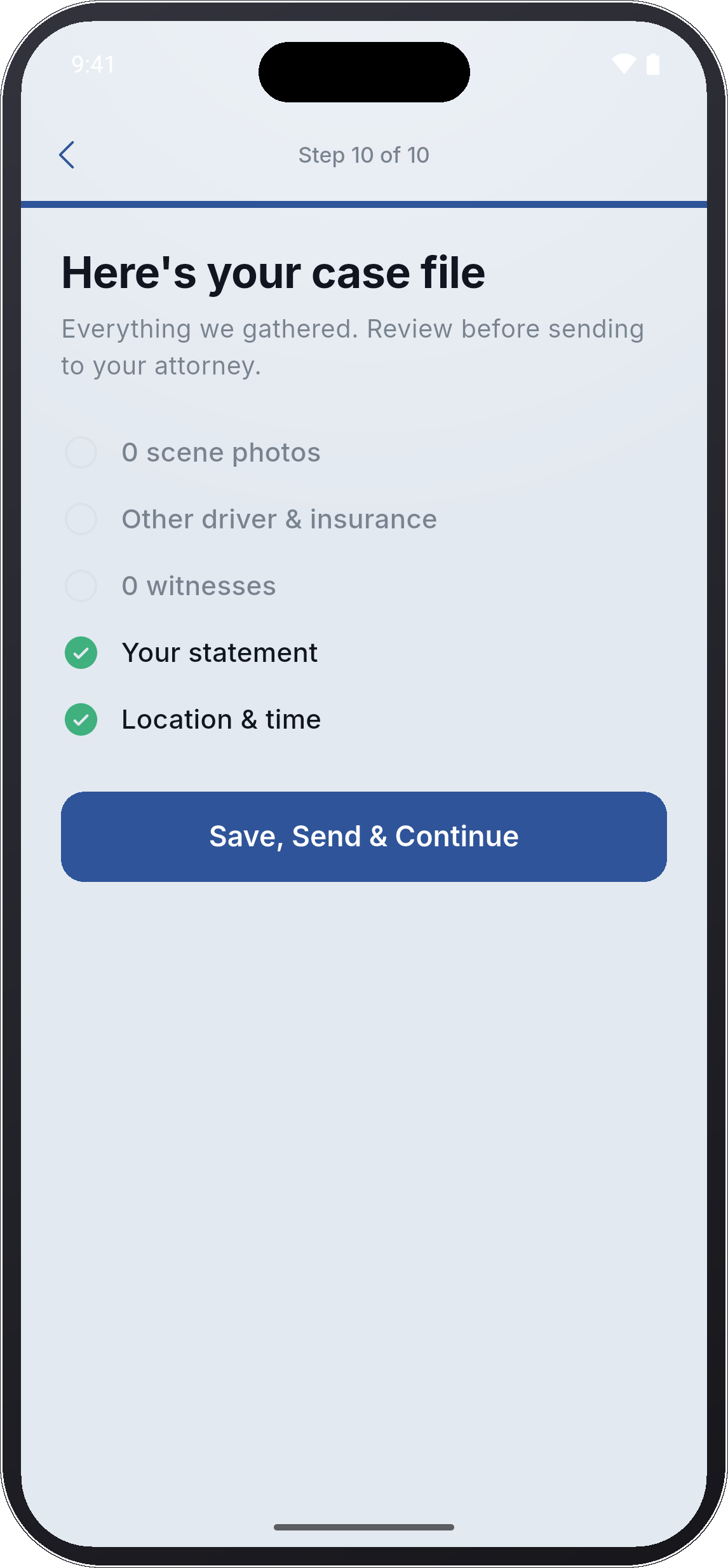 App screen for reviewing accident details before submitting a report