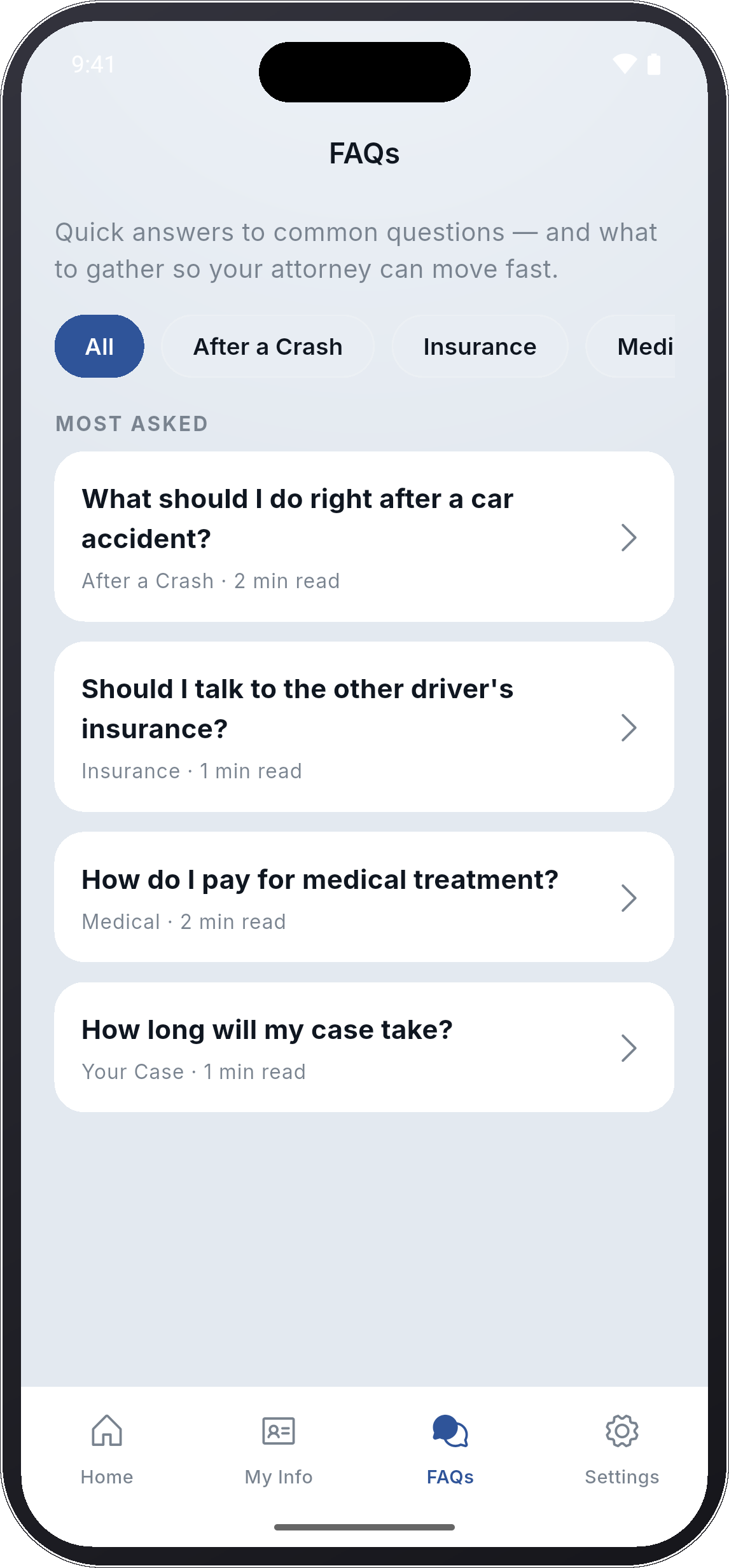 Frequently asked questions retained in the app between accidents