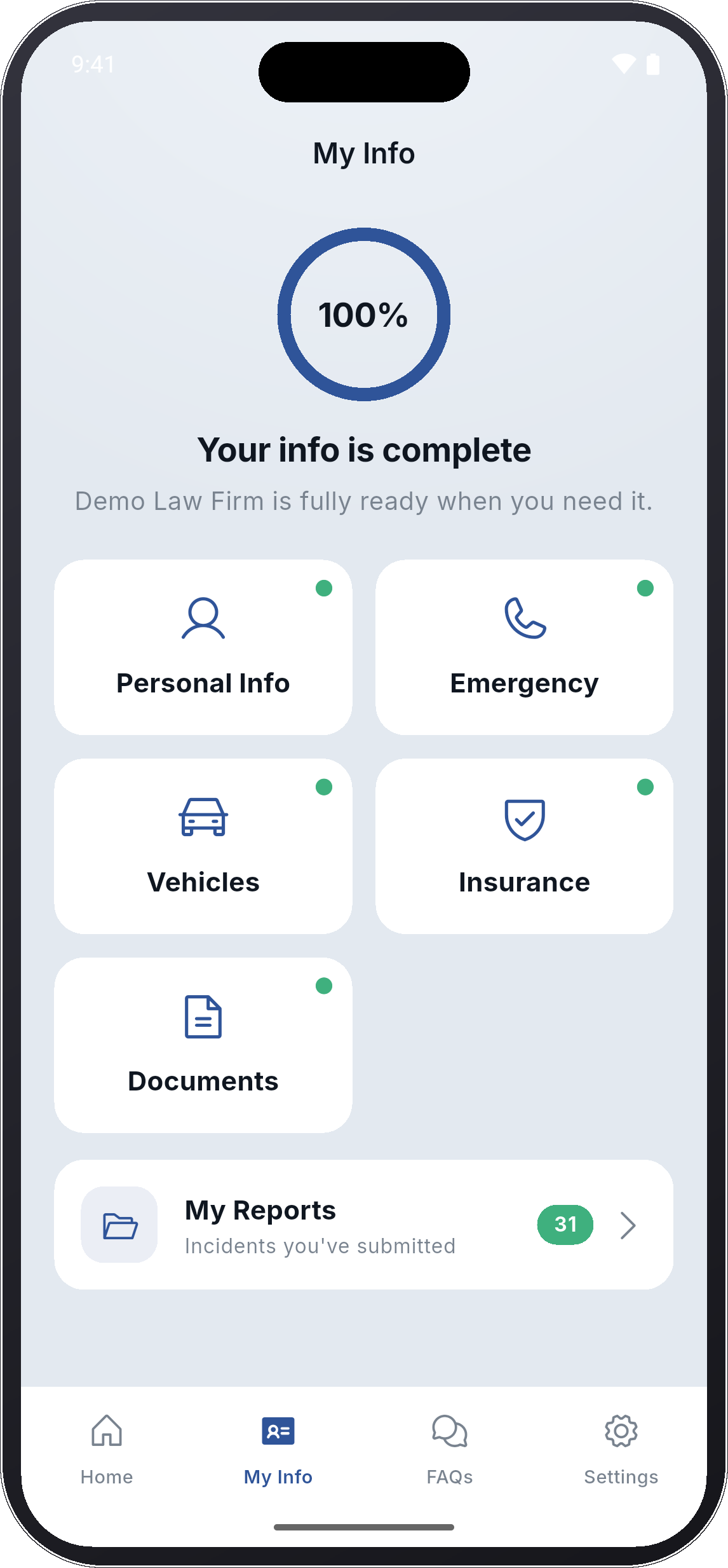 My Info screen for personal, medical, and insurance information