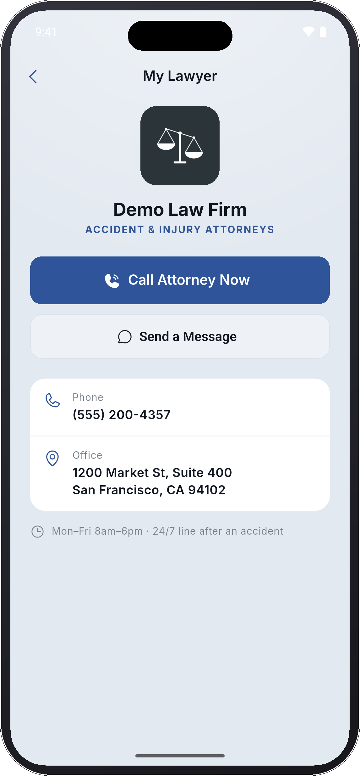 My Lawyer screen with firm contact information