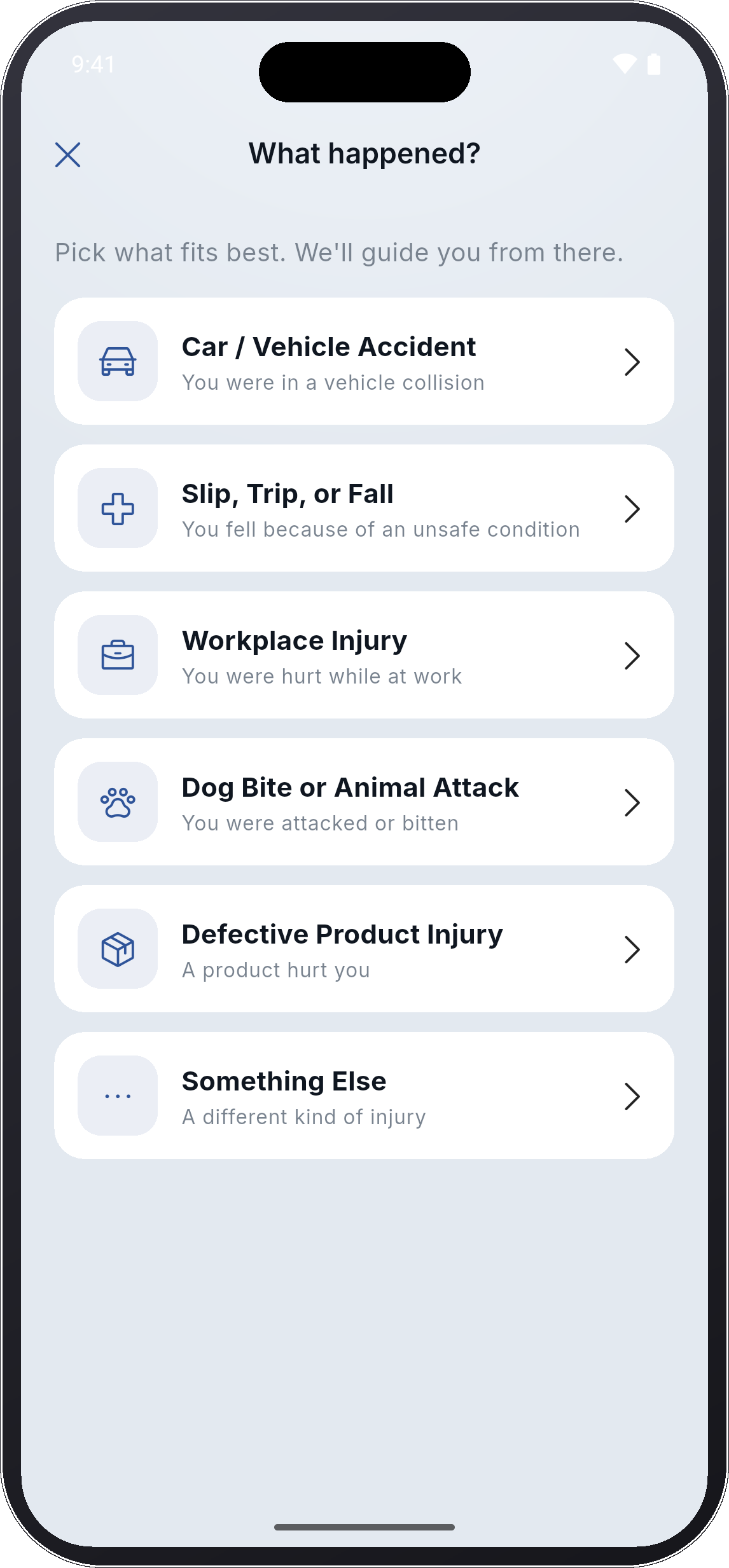 Incident type selection screen