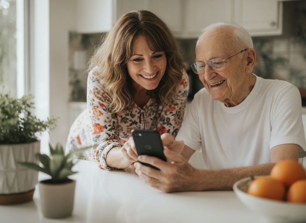 A daughter helps her father use his smartphone