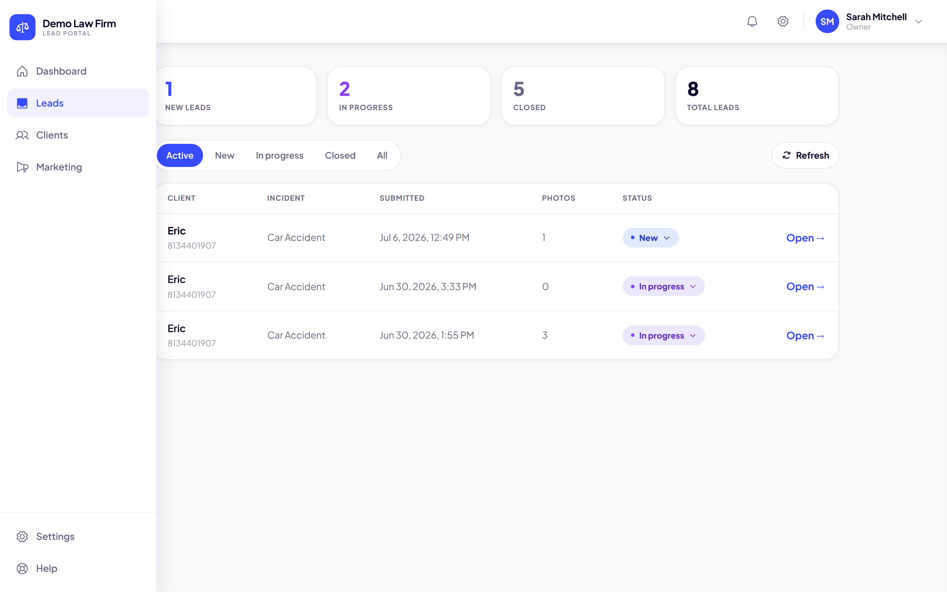 The leads inbox: statuses changed in two clicks, filters, and photo counts